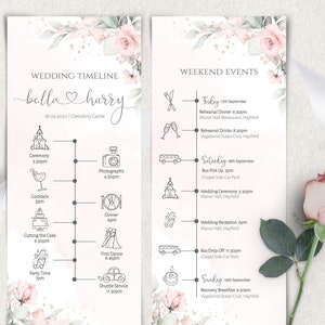 Wedding Day Timeline Template, Wedding Itinerary, Order of Events Icons, Timeline Program, 100% Editable, Pink Floral Printable  IZZY1