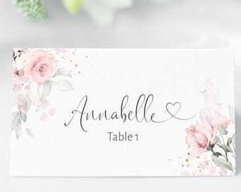 Pink Floral Wedding Place Card, Escort Card Templates, Blush Pink Wedding Seating Place Name Card, Tented | Flat, Pink Floral, W-IZZY