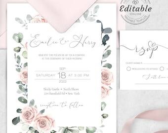 Wedding Invitation Set Template, Boho Roses Wedding Invitation, Editable Template, Wedding Invitation Template RSVP,  Pink Roses, W-CARMEN