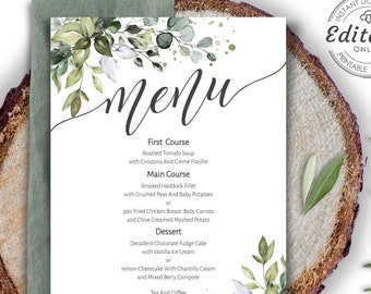 Wedding Menu Template, Menu Card Template, Boho, Eucalyptus Greenery Menu, Instant Download, Printable Editable Download Template, W-ALEX