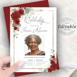 Celebration of Life Invitation Template, Funeral Invitation Template, Red Floral Funeral Memorial Service, INSTANT DOWNLOAD, F-BIRNIE