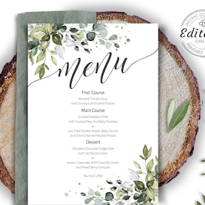 Wedding Menu Template, Menu Card Template, Boho, Eucalyptus Greenery Menu, Instant Download, Printable Editable Download Template, W-ALEX