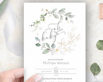 Greenery Baby Shower Invitation Template, Editable (Digital Download)