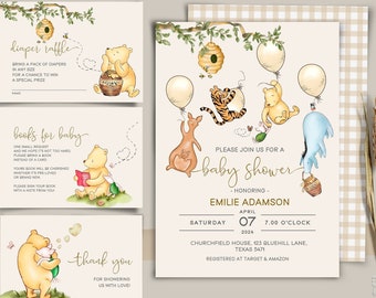 Winnie the Pooh Baby Shower Invite, Classic Pooh Vintage Invite Set Gender Neutral Themed Baby Shower Digital Editable Template WP4