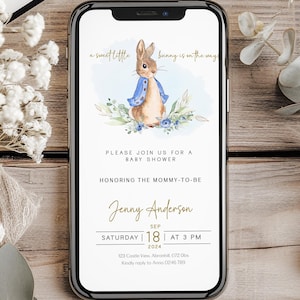 Peter Rabbit Baby Shower Evite Flopsy Bunny Baby Shower Evite Electronic Virtual Invitation Blue Peter Rabbit Digital Template PRBS