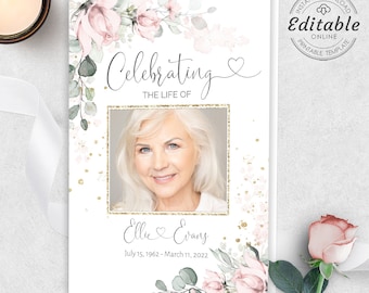 Funeral Program Template Pink Floral Memorial Editable Blush Floral Funeral Obituary Celebration of Life Pink Funeral Memorial F-IZZY