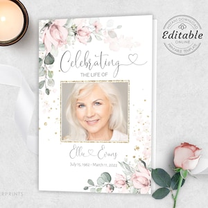 Funeral Program Template Pink Floral Memorial Editable Blush Floral Funeral Obituary Celebration of Life Pink Funeral Memorial F-IZZY
