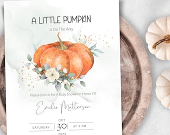 Little Pumpkin Baby Shower Invitation, Watercolor Florals (Digital Template)