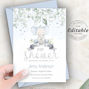 Blue Baby shower Invitation template, elephant theme baby shower invitation, 100%  Editable text, gender neutral announcement