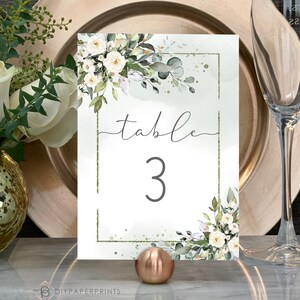 Printable Table Numbers, Greenery Table Numbers, 5x7, 4x6, Table Numbers Template, White Floral Table Numbers Template, W-BETH
