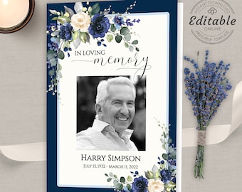 Blue Roses Funeral Program Template, Editable Memorial Service (Digital Download)
