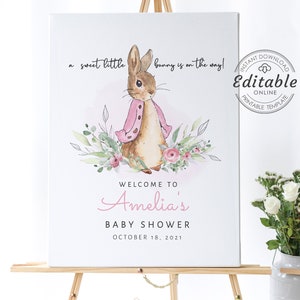 Peter Rabbit Baby Shower Welcome Sign, Baby Rabbit Decorations, Pink Baby Shower Poster, Welcome Little Bunny Instant Download, PRP