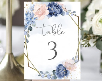 Wedding Table Number Template, Wedding Table Number, Wedding Name Card Printable, Blue Pink Floral, INSTANT DOWNLOAD, W-ELANNA