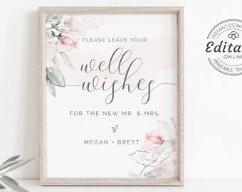 Well Wishes Sign Template, Guest Book Printable, INSTANT DOWNLOAD, 100% Editable, Custom Leave Your Wishes Wedding Sign, W-IZZY