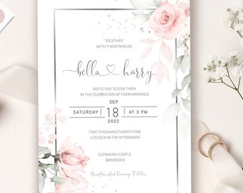 Pink Wedding Invitation Template, Watercolor Wedding Invite, Blush Pink & Silver Invitation Template, Instant download, W-IZZY