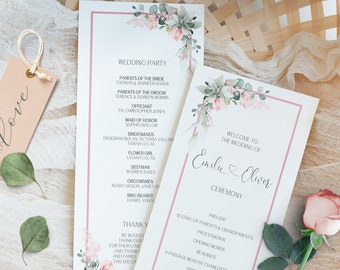 Wedding Program Template, Watercolor Blush Pink Flowers Printable Ceremony Order of Service, Program Itinerary, Editable Text, W-IZZY2