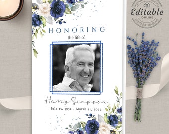 Blue Roses Funeral Program Template, Editable Memorial Service (Digital Download)
