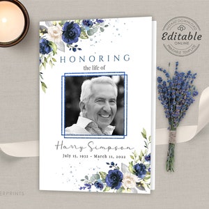 Funeral Program Template for Men Blue Roses, Men Women Obituary, Memorial Program, Editable Memorial Service, Order Of Service, F-NADINE