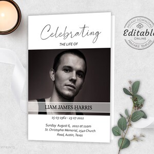 May include: A black and white photo of a man with the text "Celebrating the Life of Liam James Harris 15-03-1962 - 23-07-2022 Sunday August 6, 2022 at 11am St. Christopher Memorial, 2540 Church Road, Austin, Texas" printed below the photo.