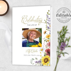 May include: A white memorial card with the text "Celebrating the Life of" and a photo of a woman. The card includes floral illustrations and the text "Lilly Challen, July 15, 1942 - March 11, 2022." The card also has the text "Instant Download Editable Online Printable Template."