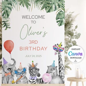 Safari Birthday Welcome Sign, Editable Jungle Animals Birthday Sign, Wild One Birthday Welcome Sign Template, Instant Download Digital-CANVA