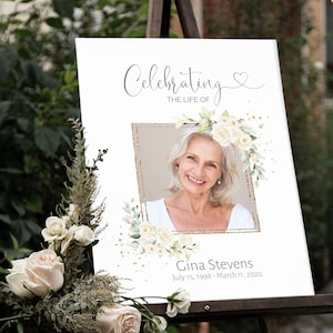 White Floral Funeral Sign, Editable Funeral, Celebration of Life Decoration, Large Funeral Sign, Memorial Sign, Funeral Décor, F-JESS