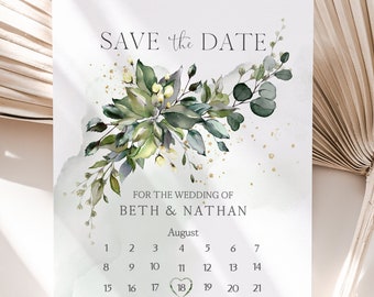 Calendar Save the Date Fully editable template Greenery Eucalyptus Printable Personalized Instant Download Wedding Save the Date Card, ALEX
