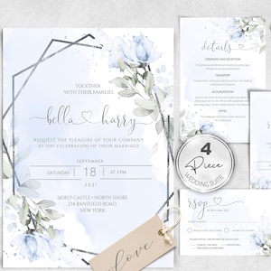 Wedding Invitation Template Suite, Blue Floral 4 Piece Wedding Invitation Set, Instant download, Editable, Printable Invite, W-IZZY BL