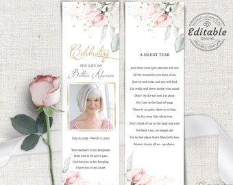 Funeral Bookmark Template, Editable, Printable Funeral Bookmark, Pink Floral Memorial Bookmark, Bookmark Memorial Keepsake, F-IZZY