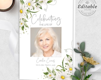 May include: White floral funeral program template with a photo of a woman and the text "Celebrating the life of Emilie Evans July 15, 1962 - March 11, 2022"