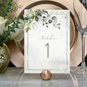 Printable Table Numbers, Greenery Table Numbers, 5x7, 4x6, Green and Gold Editable Table Numbers Template, Water Color Foliage, W-ALEX
