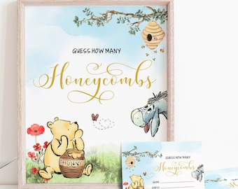 Winnie The Pooh Baby Shower Game, Honeycombs Sign and Card (Digital Download)
