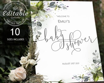 Greenery Baby Shower Welcome Sign, Baby Shower Sign, Editable Welcome Sign, Lawn Welcome Poster, Gender Neutral Signage, Custom Sign