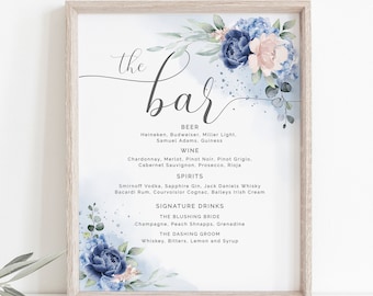 Insegna menu bar per matrimoni, modello di insegna bar floreale blu, insegna menu bar stampabile, menu bevande alcoliche, insegna bar modificabile, W-ELANNA