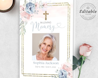 Editable Funeral Program Template Gold Cross, Blush Rose, Dusky Blue Memorial program, Funeral In loving Memory Celebration of life ROSA