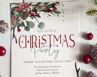 May include: A white Christmas party invitation with a watercolor illustration of greenery, berries, and pine cones. The text reads "Join us for a Christmas Party" and includes the date, time, location, and RSVP information.
