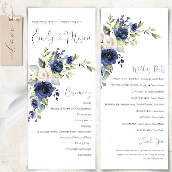 Wedding Program Template, Navy Blue Floral Order of Service, Editable Printable Ceremony, DIY Program Card, Instant Download, NADINE