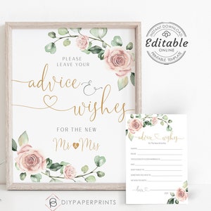 Advice and Wishes Cards and Sign Printable, Pink Floral Bridal Shower, Wedding Bachelorette Hen Party, Instant Download, W-CARMEN