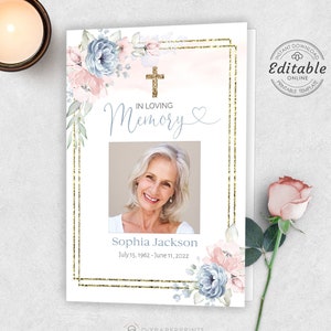 Editable Funeral Program Template Gold Cross, Blush Rose, Dusky Blue Memorial program, Funeral In loving Memory Celebration of life ROSA
