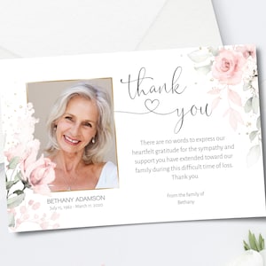 Funeral Thank you Card Template, Pink Floral Thank you Notes Template, INSTANT DOWNLOAD, Editable Memorial Card, Celebration Of Life, F-IZZY