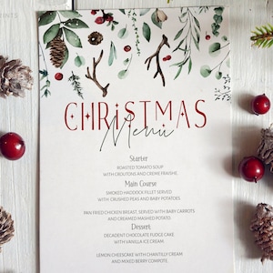 Christmas Menu Template, Christmas Berry Menu, Printable Christmas Menu , 5x7", Instant Download, Holiday Menu Card-CASCADE