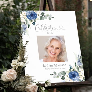 Blue Floral Funeral Welcome Sign, Celebration of Life Decoration, Editable Funeral Sign, Memorial Sign, Funeral Décor, Blue Floral F-NADIA