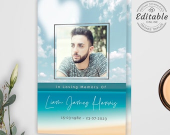 Editable Funeral Program Template, Blue Skies, Seascape Memorial Service, Order Of Service, Obituary Program, Ocean Beach In loving Memory