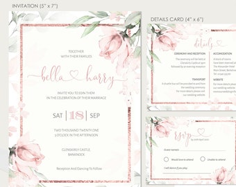 Wedding Invitation Suite, Details, Rsvp, DIY Instant download, Rose Gold Printable wedding invitation, Pink Floral, Rose Gold, W-IZZY