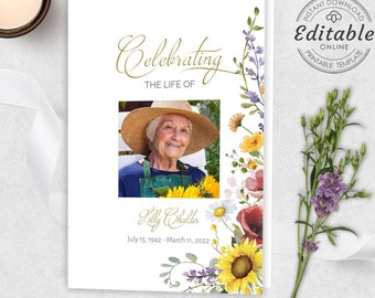 Op de afbeelding: Een witte herdenkingskaart met de tekst "Celebrating the Life of" en een foto van een vrouw. De kaart bevat bloemenillustraties en de tekst "Lilly Challen, July 15, 1942 - March 11, 2022." De kaart heeft ook de tekst "Instant Download Editable Online Printable Template."