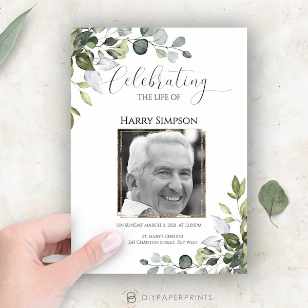 Celebration of Life Invitation Template, Funeral Invitation Template, Greenery Funeral Memorial Service Invite, INSTANT DOWNLOAD, F-ALEX