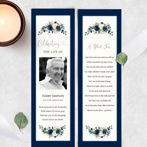 Funeral Bookmark Template, Editable, Printable Funeral Bookmark, Blue and White Floral Memorial Bookmark, Memorial Keepsake, F-NADINE