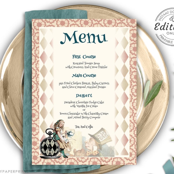 Alice In Wonderland Wedding Menu Template, Printable DIY Dinner Menu, Instant Download, Editable Text, Fairytale Wedding Theme W-ALICE