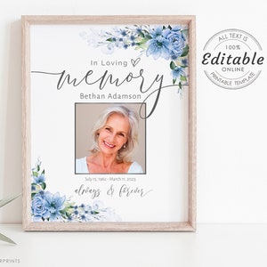 Blue Funeral Memorial Sign, Celebration of Life Picture Sign, Funeral Display Sign, Editable Funeral Welcome, Blue Floral Funeral, F-BELLE
