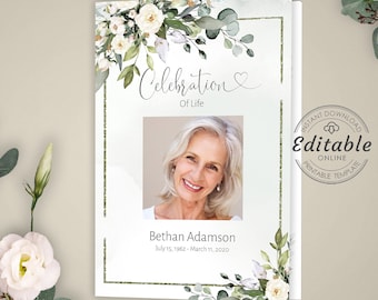 May include: A white and green floral memorial card with a photo of a woman and the text "Celebration of Life" and "Bethan Adamson July 15, 1962 - March 11, 2020".